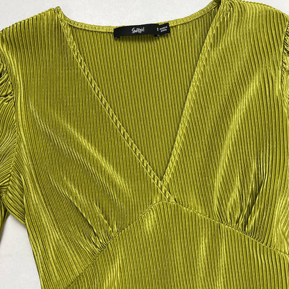 Sportsgirl crinkle metalic green womans top plunging collar detail