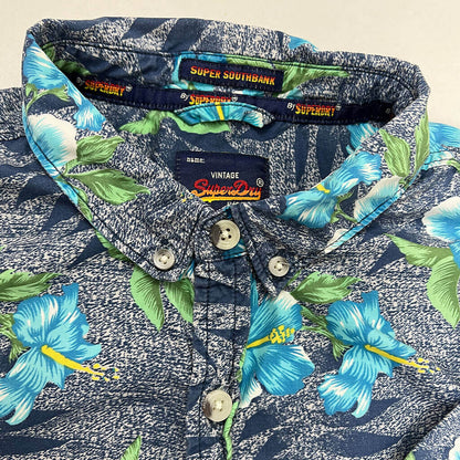 Super Dry Hawaiian Shirt Front CollarSuperDry Vintage Blue Hawaiian Shirt Collar