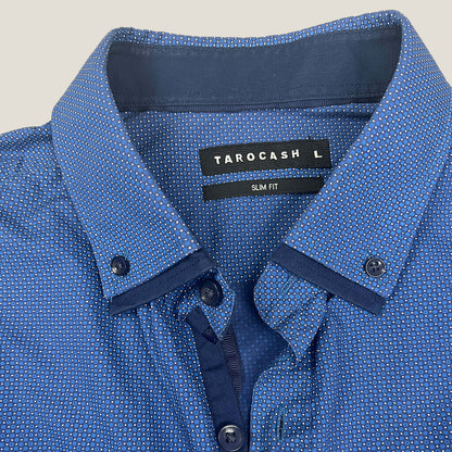 Tarocash Slim Fit Blue Polkadot Long Sleeve Shirt Collar Detail