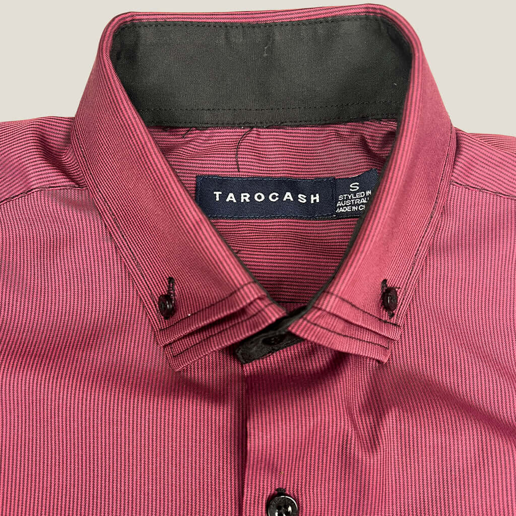 Tarocash Burnt Red Pin Stripe Long Sleeve Shirt Collar