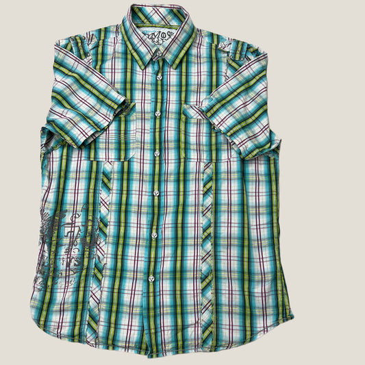 Tomo Wolfe Mens Checkered Distressed Shirt Front