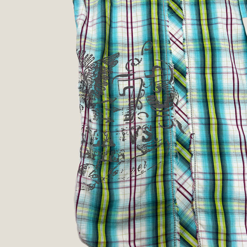 Tomo Wolfe Mens Checkered Distressed Shirt Print Detail