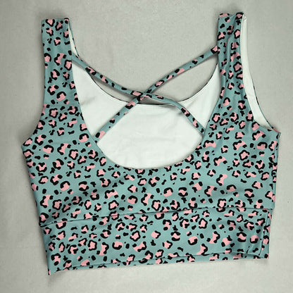 Sport Bra with Pink and Blue Animal Print  small cross straps at back