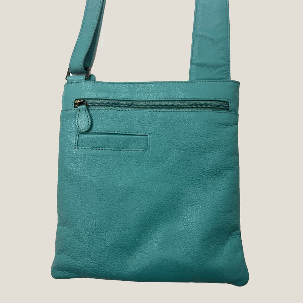 Egata Blue Leather Cross Body Shoulder Bag front Detail
