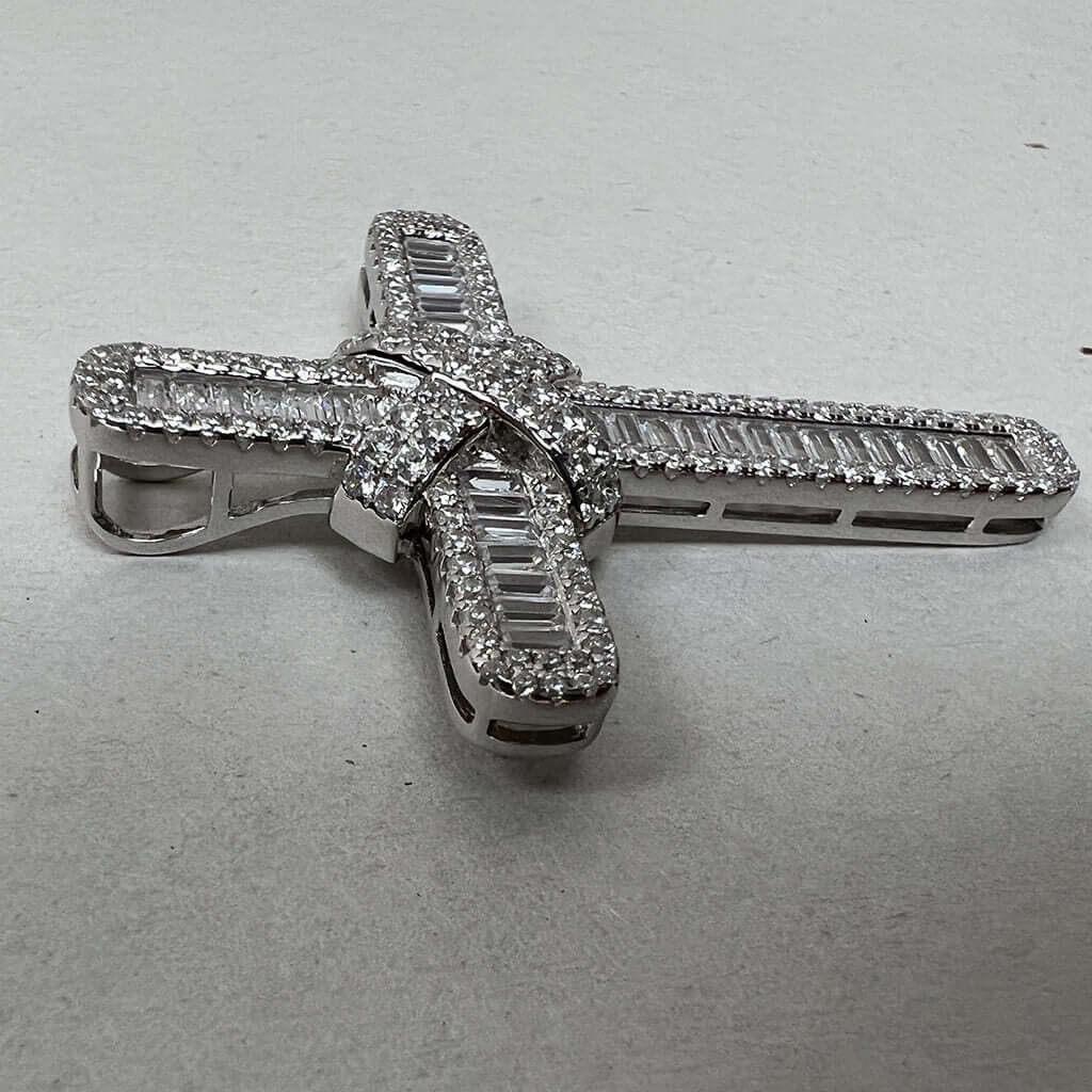 White Gold Plated Cross Pendant with Cubic Zirconia Side